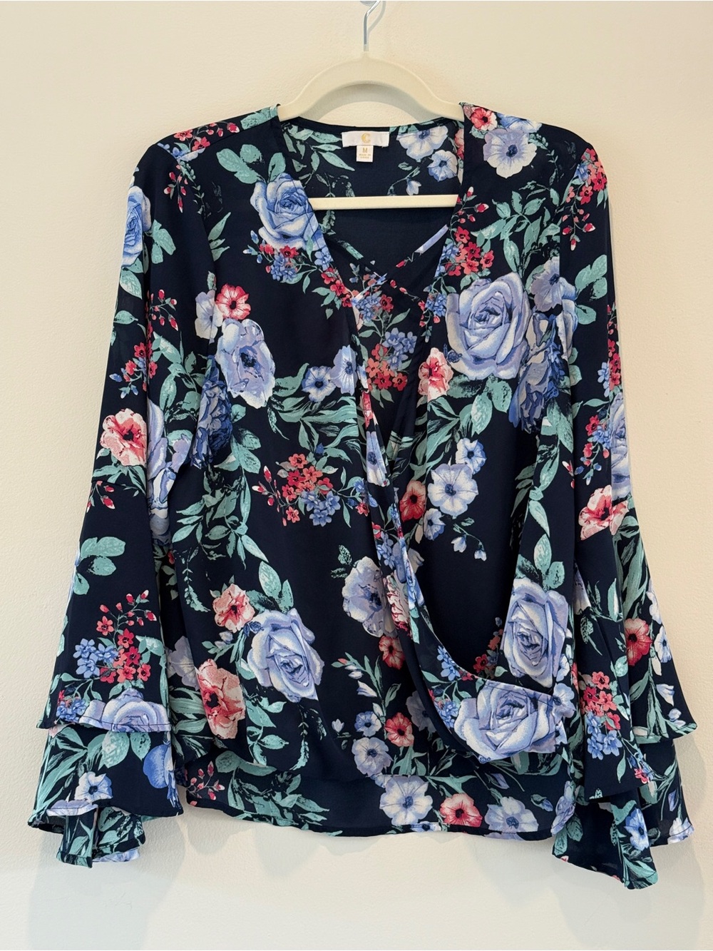 C Navy Floral Wrap Blouse with Blue and Pink Roses